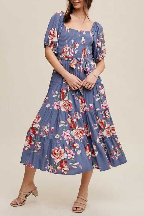 Women's Elegant Floral Art Midi Sleeve Dress