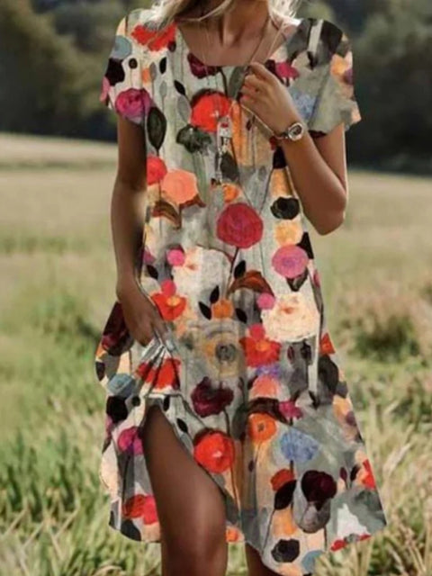 Women‘s Floral Printed Crew Neck Short Sleeve Dress