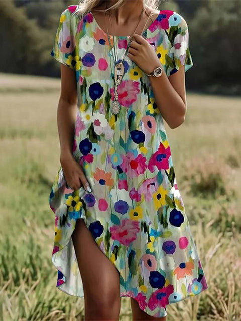 Women‘s Floral Printed Crew Neck Short Sleeve Dress