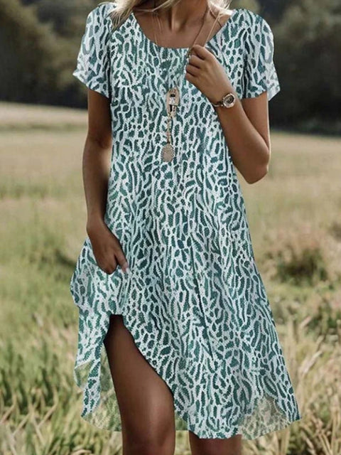 Women‘s Floral Printed Crew Neck Short Sleeve Dress